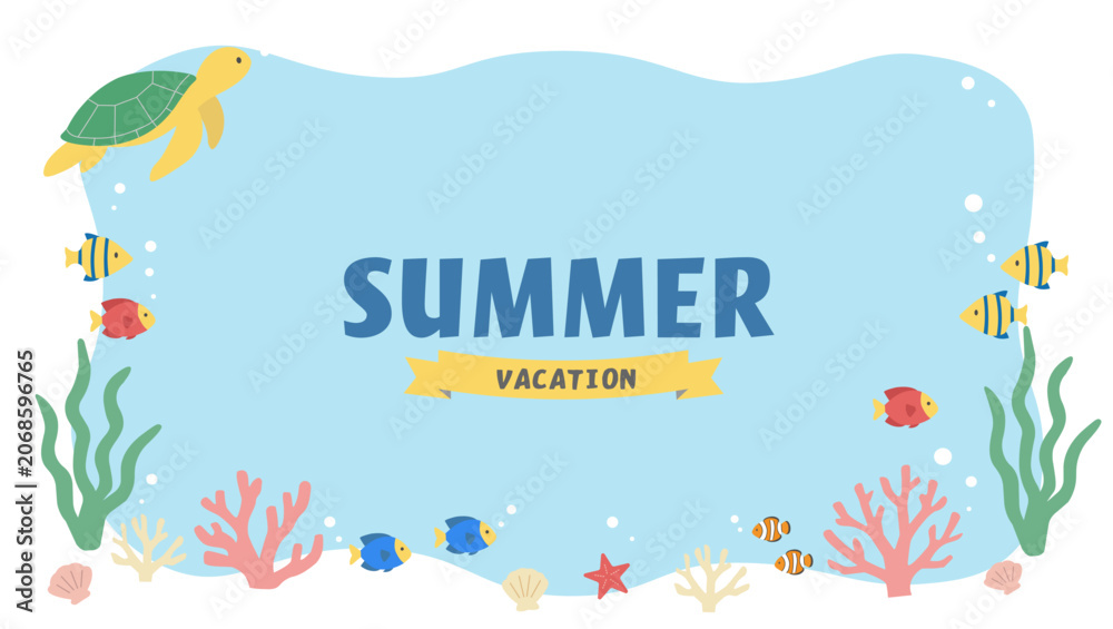 Fototapeta premium 夏のバナーイラスト 海のイラスト バナー 夏の背景イラスト 夏の生き物イラスト イルカとウミガメの背景 ロゴ