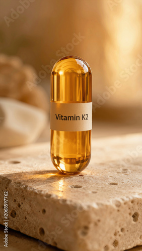 Vitamin K2 capsule placed on a stone surface with soft lighting