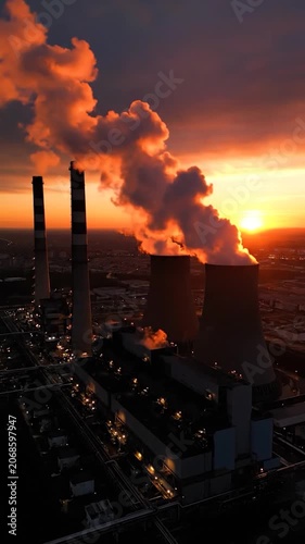 Rising industrial skyline glows at sunset above smoky power plants