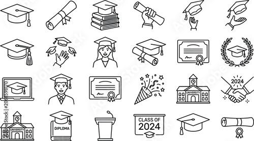 Foto Graduation line icons set, academic achievement and education symbols, 24 black