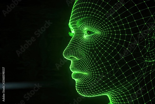 Green Neon Wireframe Human Face Profile AI Tech Dark Background
