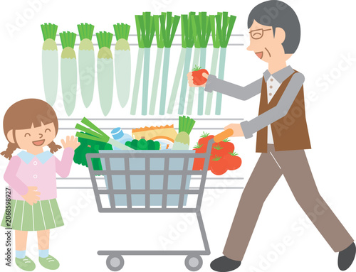 Photos スーパーで買い物をする祖母と男の子・野菜売り場とショッピングカート