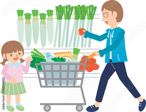 Foto スーパーで買い物をする父と女の子・野菜売り場とショッピングカート