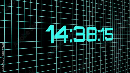 Digital clock displaying time on futuristic grid interface