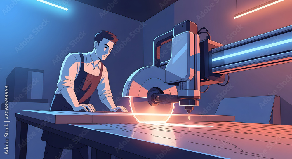 Fototapeta premium Human worker operating artificial intelligence robot cutting machine