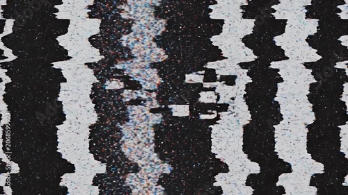 A dark, abstract image features scattered, pixelated blocks against a stark black background punctuated by horizontal white lines, creating a glitchy and modern aesthetic.