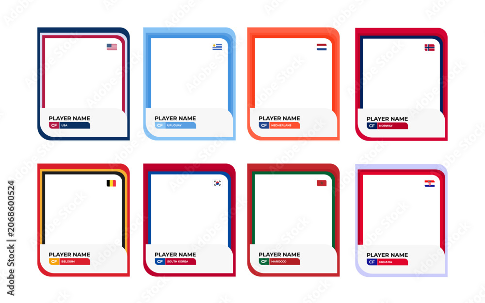 Obraz premium World Cup 2026 Football tournament card templates bundle. Customizable football player cards with photo placeholders for USA, Uruguay, Morocco, Norway, Netherlands, Belgium, Croatia, and South Korea.