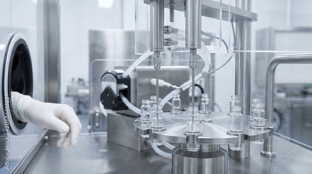 Obraz premium Sterile pharmaceutical filling machine with automated dispensing system and vials