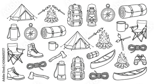 Foto Camping icons set in hand drawn line art style, outdoor adventure equipment coll