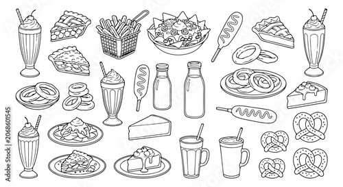 Foto Retro American diner food icons set, hand drawn fast food doodles in black and w