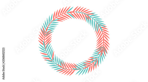 Coral and Teal Palm Leaf Wreath on White Background