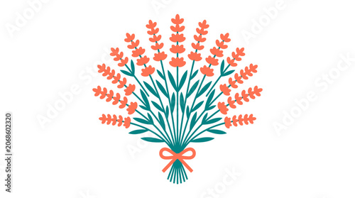 Coral Lavender Bouquet Illustration with Teal Stems and Ribbon, Isolated on White
