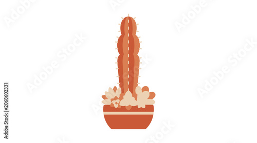 Tall terracotta cactus in a pot with succulents, isolated on white background, flat illustration