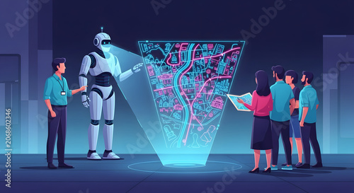 Artificial intelligence ai robot presenting trading map data to humans