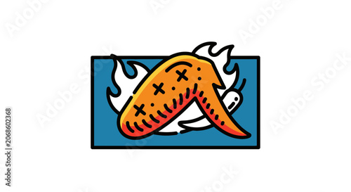 Spicy Chicken Wing on Fire with Crossbones Eyes - Cartoon Style