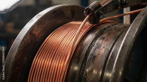 Industrial machinery winding shiny copper wire onto a large spool in a manufacturing facility