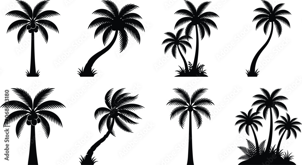 Fototapeta premium Coconut Palm Tree Silhouette Collection with Tropical Island Landscape Elements