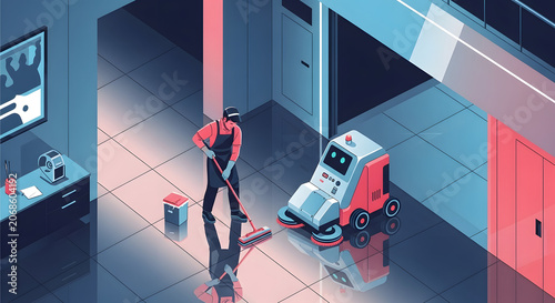 Artificial intelligence robot and human cleaning modern office floor