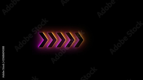 A series of five chevron arrows pointing to the right, illuminated with vibrant neon blue and pink glowing edges against a dark black background, symbolizing forward movement and digital progress