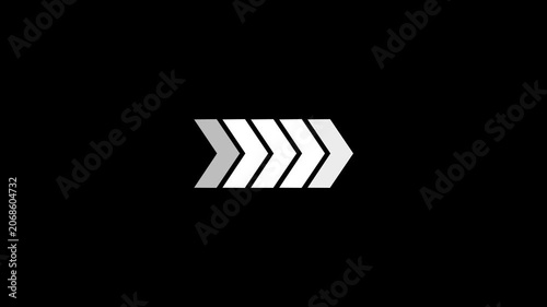 A sequence of five chevron arrows pointing to the right, rendered in shades of white and light grey, presented on a stark black background, indicating a progression or loading process. Keywords