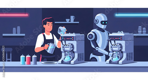 Human and robot working together in a modern ice cream shop