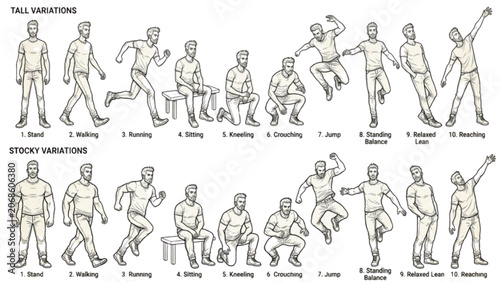 Fotografi Tall Stocky Human Figure Line Art Collection | 10 Strong Body Variation Poses Ve