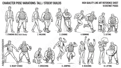 Obraz na płótnie Tall Stocky Human Figure Line Art Collection | 10 Strong Body Variation Poses Ve