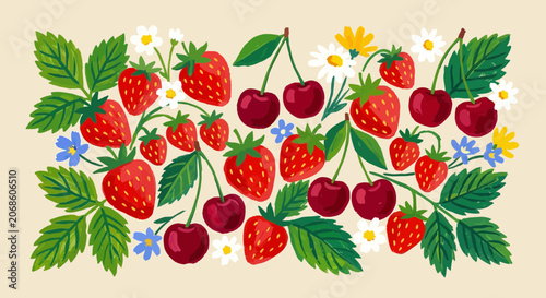Sweet Summer Berries and Daisies - Strawberry Cherry Fruit Floral Pattern