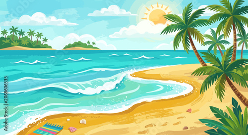 Tropical beach vacation scene with palm trees, ocean waves, and islands under sunny sky.