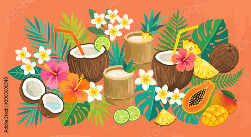 Tropical drinks and fruits banner with palm leaves and flowers, vibrant summer illustration
