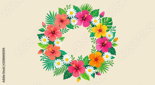 Tropical Floral Wreath with Hibiscus and Daisies