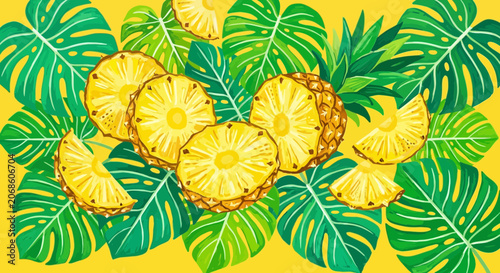 Tropical Pineapple Slices with Monstera Leaves Background