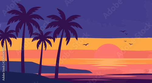 Tropical sunset with palm trees and ocean waves, vibrant colors.