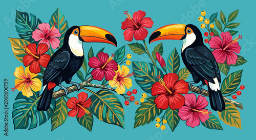 Tropical toucans with colorful hibiscus flowers on branches, turquoise background. Vector art