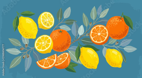 Vibrant Citrus Fruits and Leaves Illustration