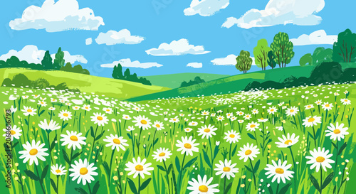 Vibrant green meadow filled with white daisies under a blue sky with clouds