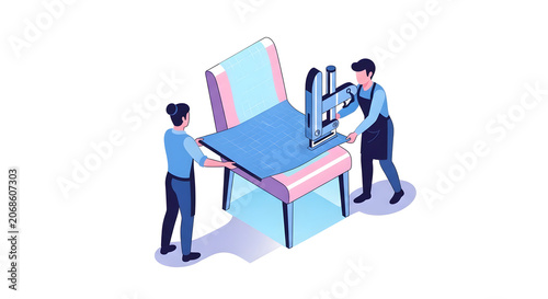 Professional craftsmen upholstering a pink chair with blue fabric