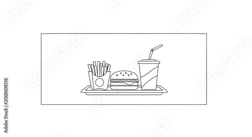 Fast Food Meal Tray: Burger, Fries, and Drink Icon - Outline Graphic