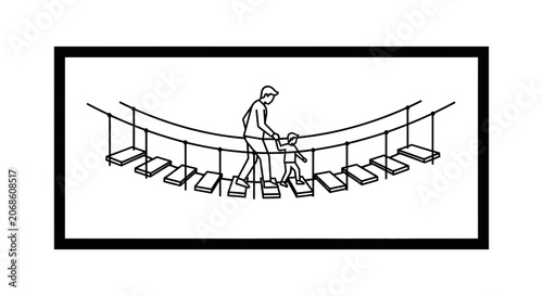 Father and Child Crossing Rope Bridge Together, Trust and Support