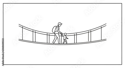 Father and child crossing suspension bridge, symbolizing guidance and adventure