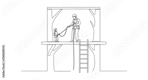 Father and Child in Treehouse with Safety Harnesses and Rope