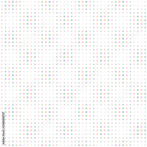 Seamless pastel polka dot pattern, colorful circles of different sizes on white background, cute kids baby shower design, flat vector illustration