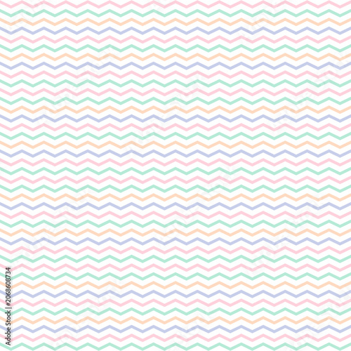 Seamless pastel zigzag pattern, colorful chevron stripes on white background, cute kids baby shower design, flat vector illustration