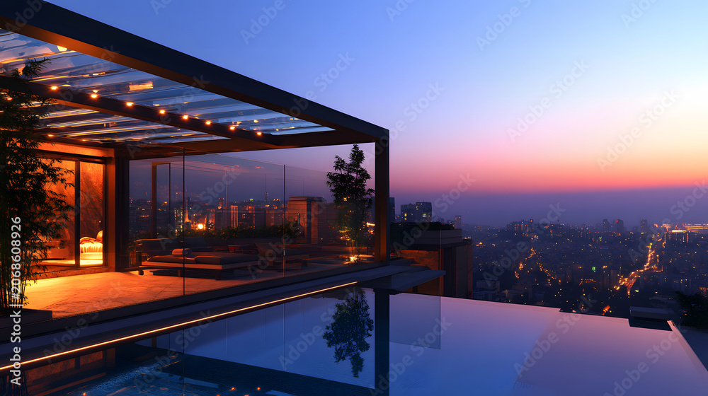 Fototapeta premium Modern luxury penthouse terrace at sunset with infinity pool overlooking city skyline