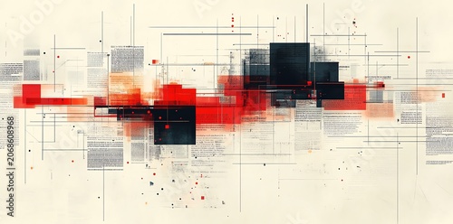 Abstract Geometric Digital Art Composition with Red Black Gray Lines and Blocks