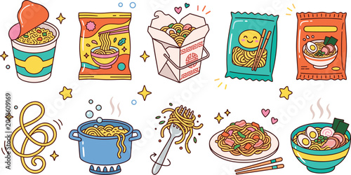 Vector illustration collection of cute instant noodle items including cup ramen packages takeout box cooking pot fork bowl plate and chopsticks for food design