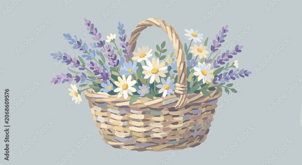 Obraz premium Woven basket filled with lavender and daisy flowers, floral arrangement