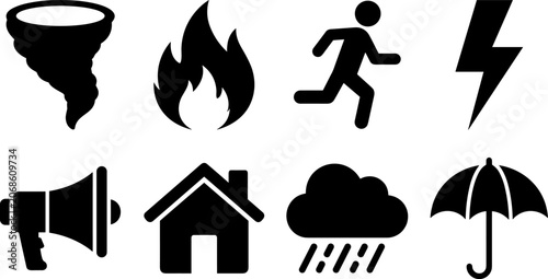 Obraz na płótnie Emergency evacuation natural disaster and severe weather safety black silhouette