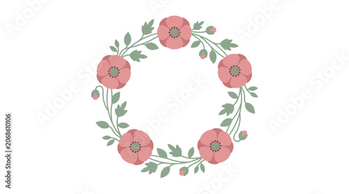 Floral Wreath with Pink Poppies and Green Leaves, Decorative Circle Frame