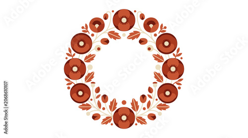 Autumn Floral Wreath with Poppies and Leaves, Round Decorative Element, Rustic Earth Tones